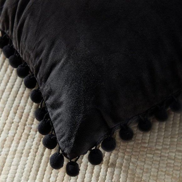 Set of 2 Black Soft Velvety Velour Pom Pom Velvet Pillow Covers Couch Pillows - Picture 3 of 7